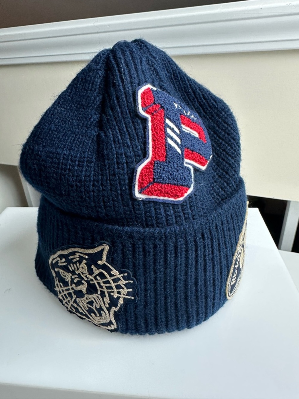 Polo Ralph Lauren Navy Blue Tiger Big P Football Patch Knit Beanie Hat NWT Wool - Picture 4 of 5